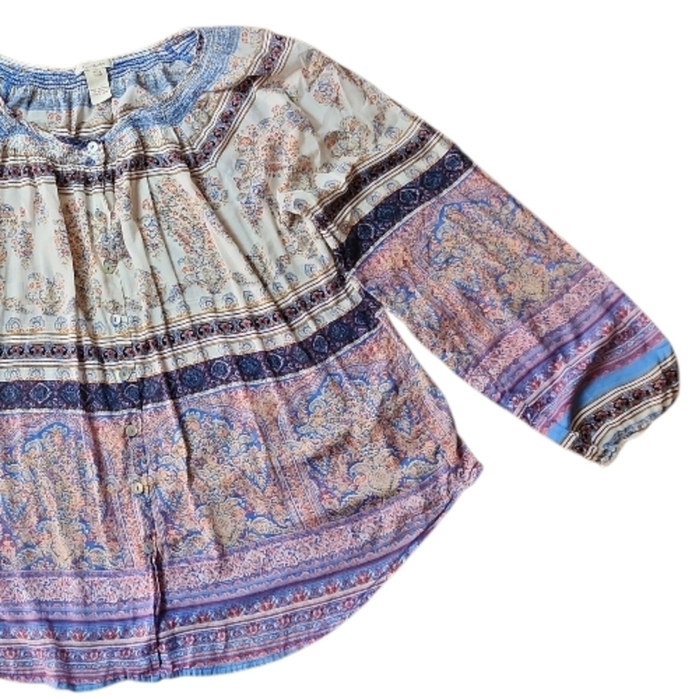 SUNDANCE | Multicolor Paisley Boho Semi-Sheer Cotton Floral Button Blouse | L - Picture 2 of 13